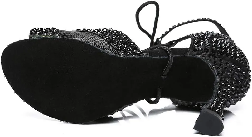 HROYL Women's Rhinestone Ballroom Dance Shoes Latin Salsa Performance Wedding Party Dance Heels,YCL452
