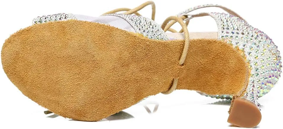 HROYL Women's Rhinestone Ballroom Dance Shoes Latin Salsa Performance Wedding Party Dance Heels,YCL452