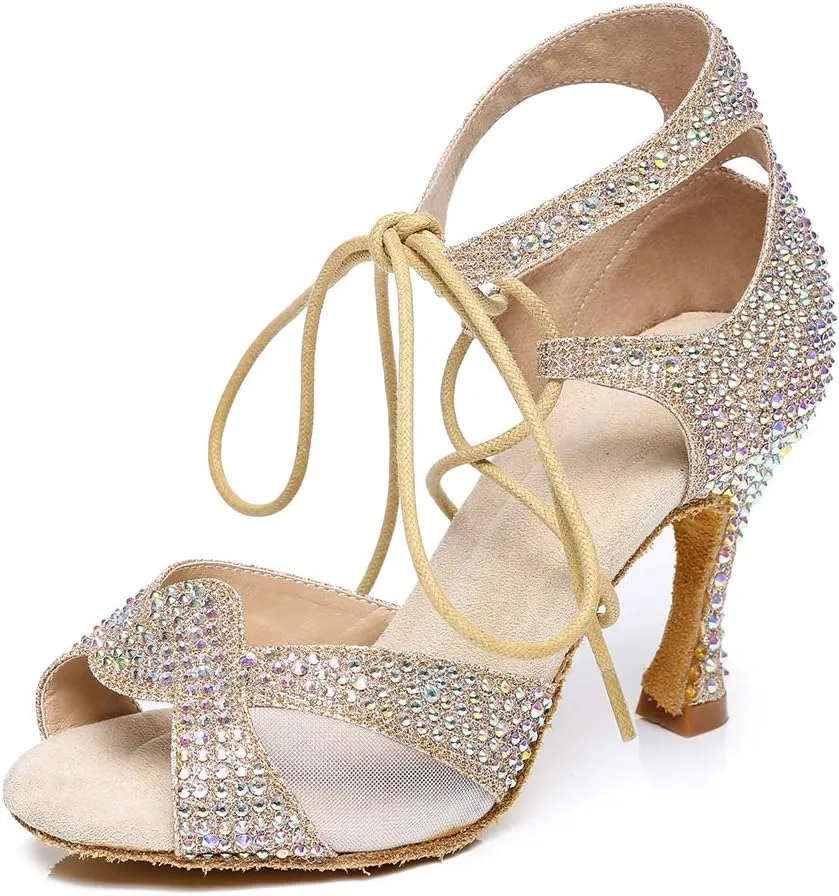 HROYL Women's Rhinestone Ballroom Dance Shoes Latin Salsa Performance Wedding Party Dance Heels,YCL452