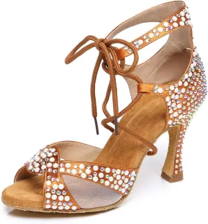 HROYL Women's Rhinestone Ballroom Dance Shoes Latin Salsa Performance Wedding Party Dance Heels,YCL452