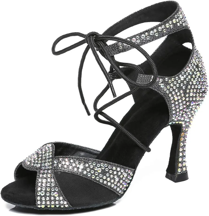 HROYL Women's Rhinestone Ballroom Dance Shoes Latin Salsa Performance Wedding Party Dance Heels,YCL452