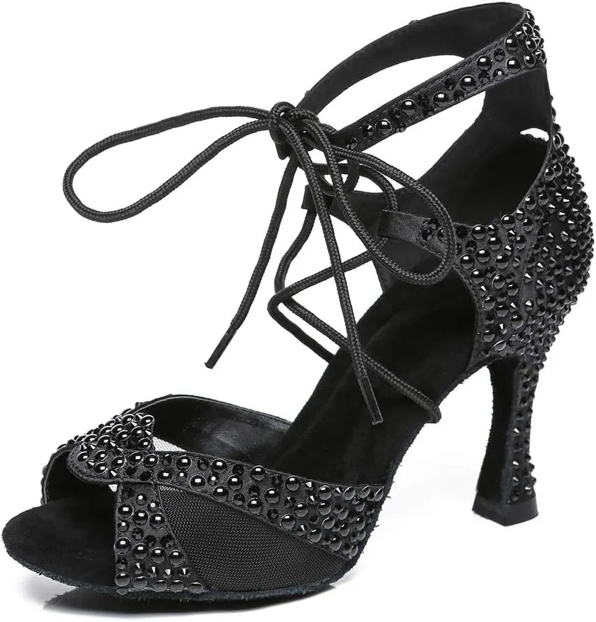 HROYL Women's Rhinestone Ballroom Dance Shoes Latin Salsa Performance Wedding Party Dance Heels,YCL452