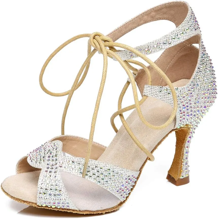 HROYL Women's Rhinestone Ballroom Dance Shoes Latin Salsa Performance Wedding Party Dance Heels,YCL452