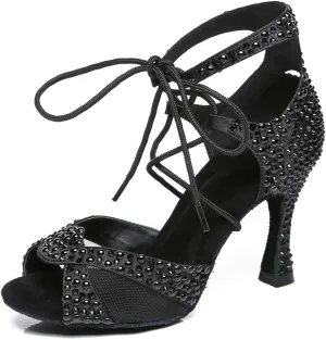 HROYL Women's Rhinestone Ballroom Dance Shoes Latin Salsa Performance Wedding Party Dance Heels,YCL452