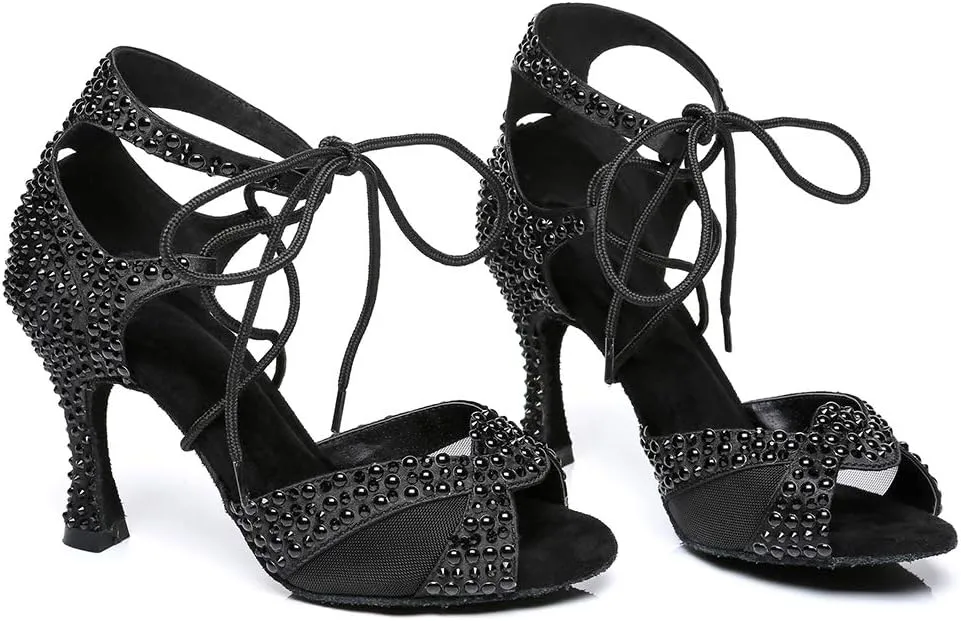 HROYL Women's Rhinestone Ballroom Dance Shoes Latin Salsa Performance Wedding Party Dance Heels,YCL452