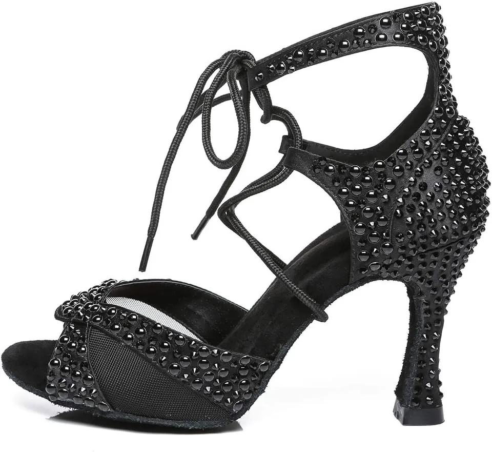 HROYL Women's Rhinestone Ballroom Dance Shoes Latin Salsa Performance Wedding Party Dance Heels,YCL452