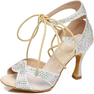 HROYL Women's Rhinestone Ballroom Dance Shoes Latin Salsa Performance Wedding Party Dance Heels,YCL452
