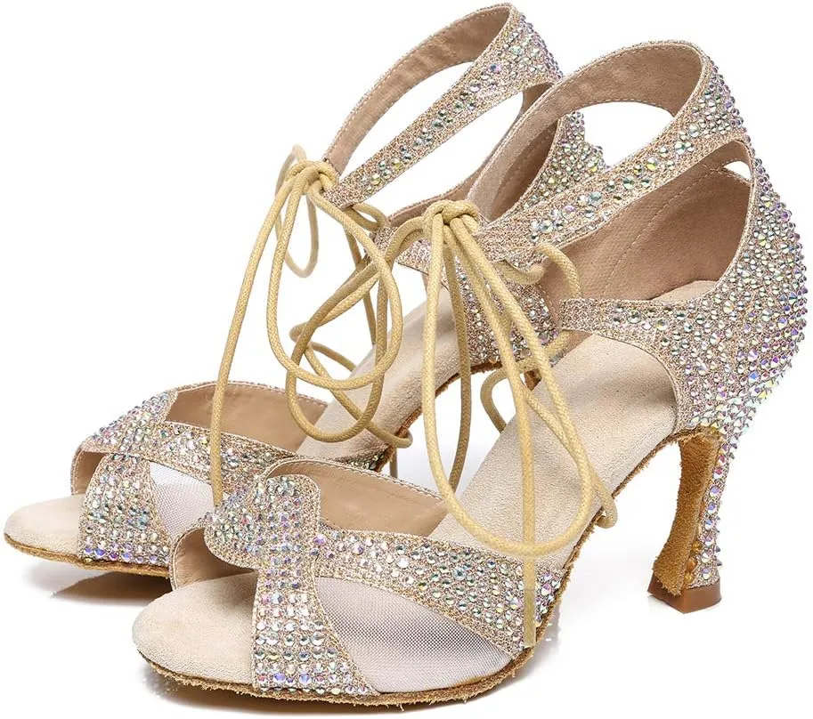 HROYL Women's Rhinestone Ballroom Dance Shoes Latin Salsa Performance Wedding Party Dance Heels,YCL452