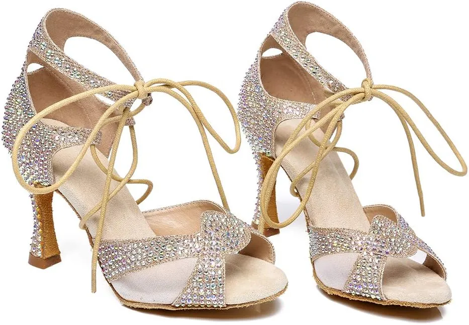 HROYL Women's Rhinestone Ballroom Dance Shoes Latin Salsa Performance Wedding Party Dance Heels,YCL452