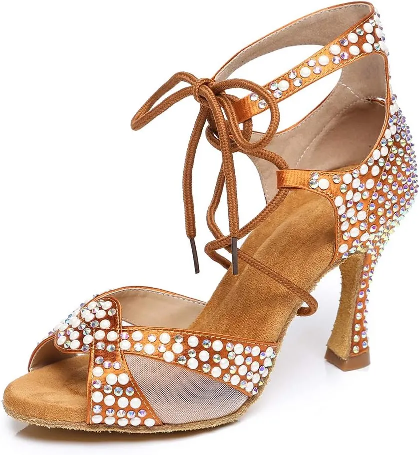 HROYL Women's Rhinestone Ballroom Dance Shoes Latin Salsa Performance Wedding Party Dance Heels,YCL452