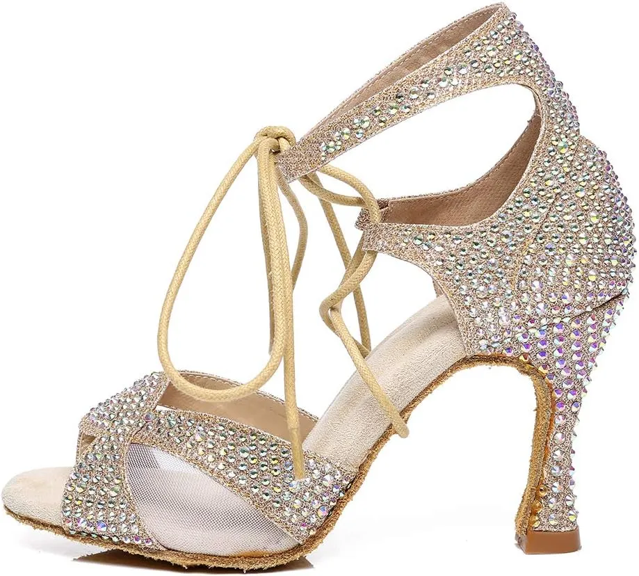 HROYL Women's Rhinestone Ballroom Dance Shoes Latin Salsa Performance Wedding Party Dance Heels,YCL452