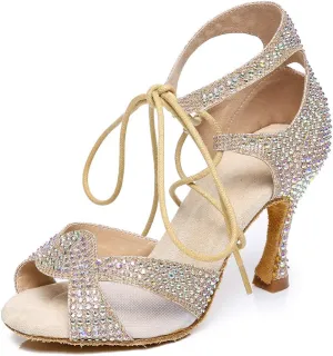 HROYL Women's Rhinestone Ballroom Dance Shoes Latin Salsa Performance Wedding Party Dance Heels,YCL452