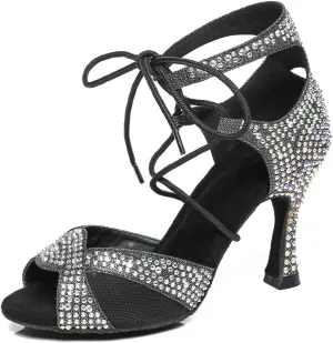 HROYL Women's Rhinestone Ballroom Dance Shoes Latin Salsa Performance Wedding Party Dance Heels,YCL452