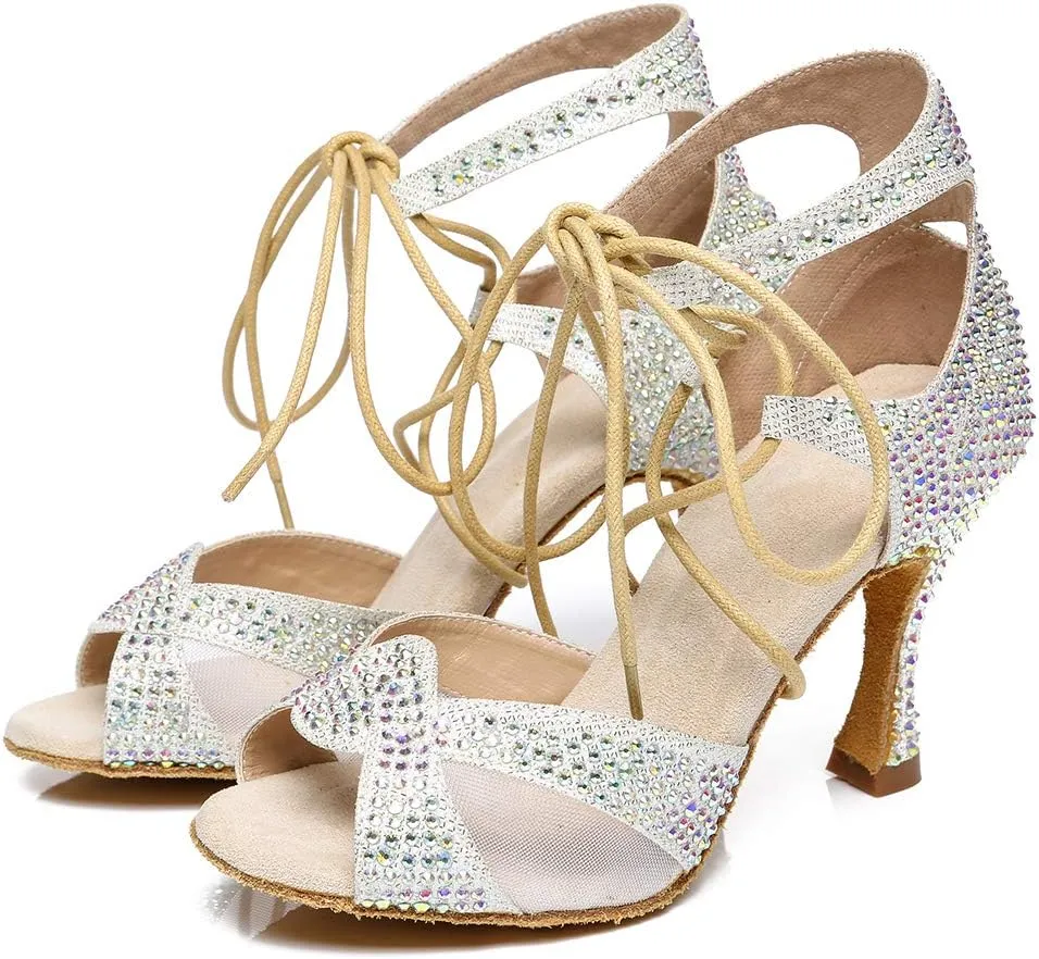 HROYL Women's Rhinestone Ballroom Dance Shoes Latin Salsa Performance Wedding Party Dance Heels,YCL452