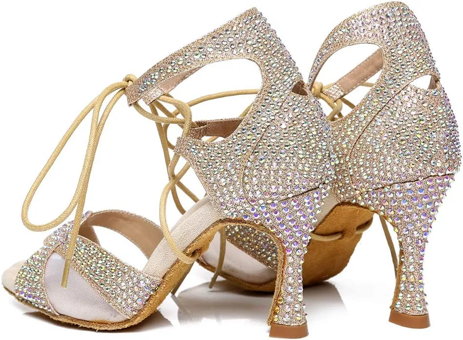 HROYL Women's Rhinestone Ballroom Dance Shoes Latin Salsa Performance Wedding Party Dance Heels,YCL452