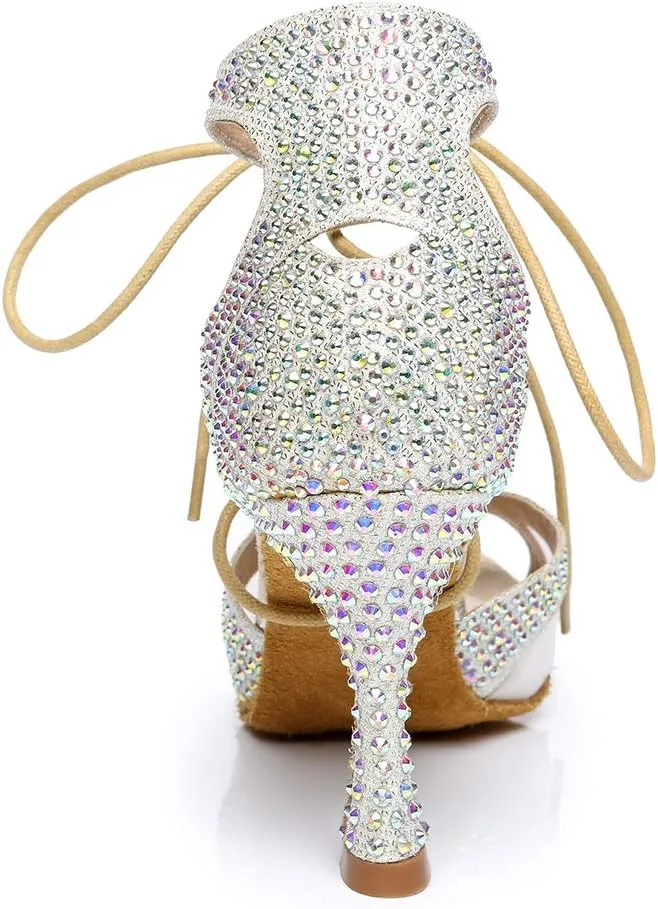 HROYL Women's Rhinestone Ballroom Dance Shoes Latin Salsa Performance Wedding Party Dance Heels,YCL452