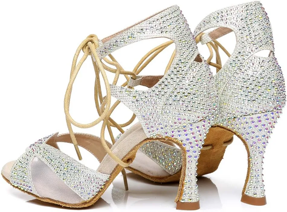 HROYL Women's Rhinestone Ballroom Dance Shoes Latin Salsa Performance Wedding Party Dance Heels,YCL452