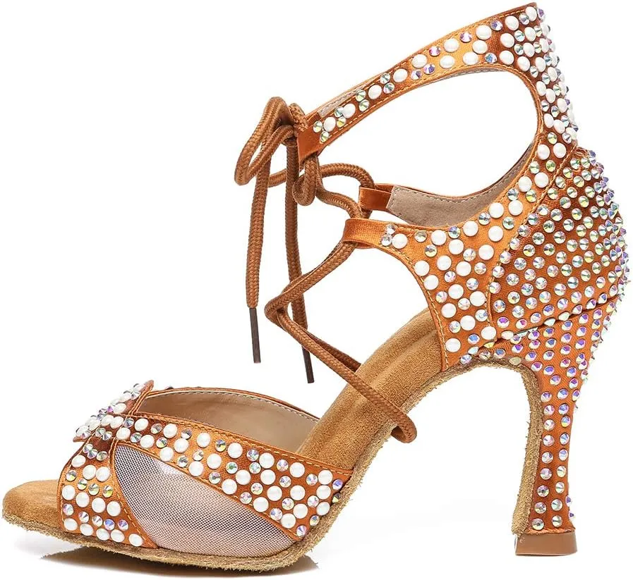 HROYL Women's Rhinestone Ballroom Dance Shoes Latin Salsa Performance Wedding Party Dance Heels,YCL452