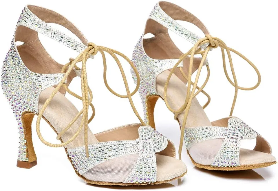 HROYL Women's Rhinestone Ballroom Dance Shoes Latin Salsa Performance Wedding Party Dance Heels,YCL452