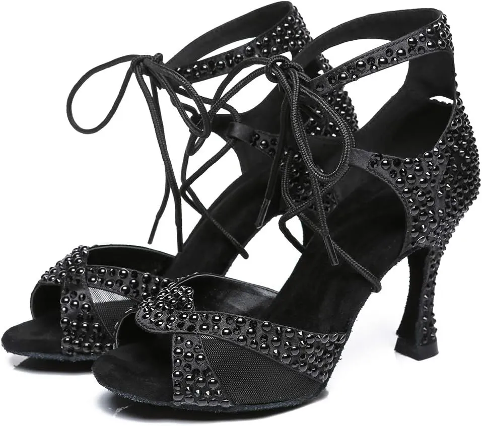 HROYL Women's Rhinestone Ballroom Dance Shoes Latin Salsa Performance Wedding Party Dance Heels,YCL452