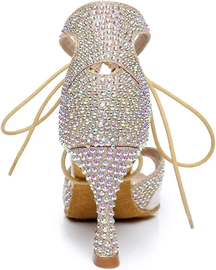 HROYL Women's Rhinestone Ballroom Dance Shoes Latin Salsa Performance Wedding Party Dance Heels,YCL452