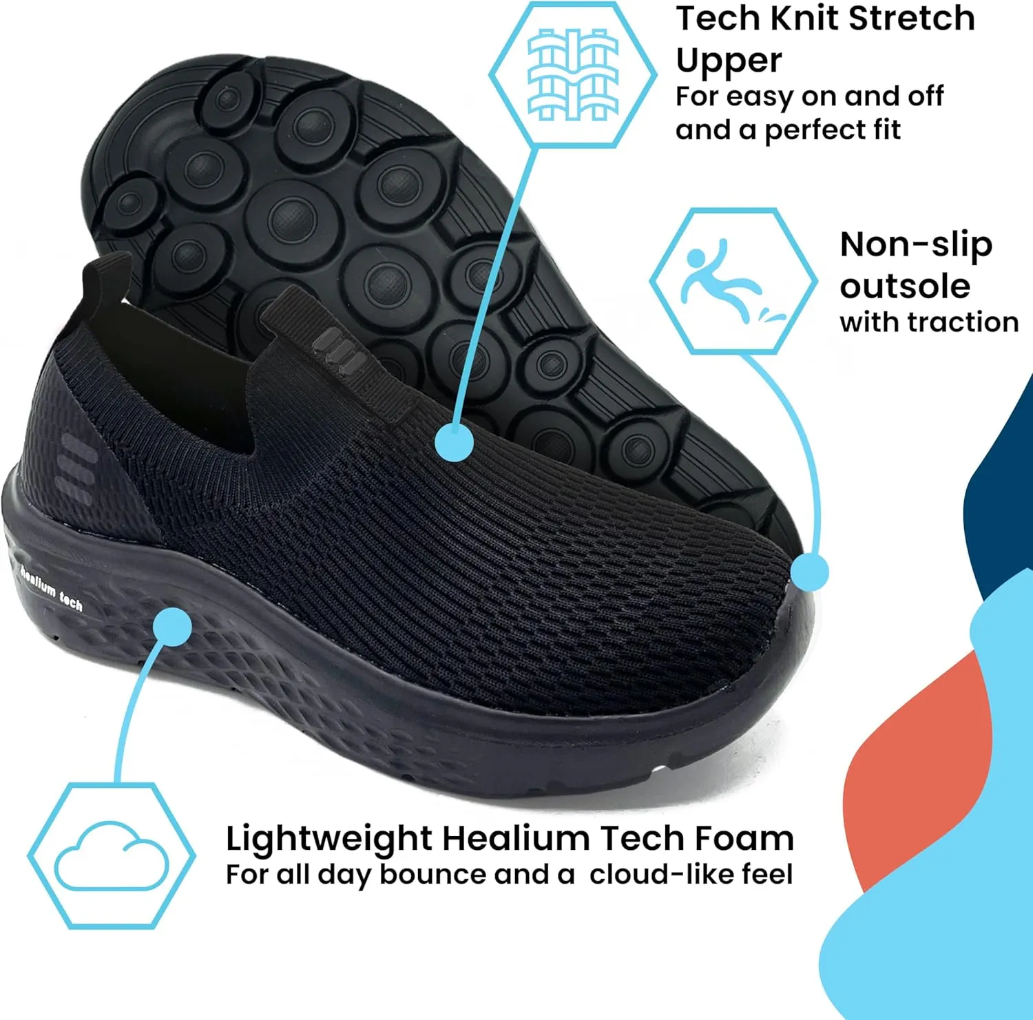 HUHV Tech Knit Unisex Lace-Up and Slip-On Recovery Lifestyle Walking and Athletic Shoe with HEALIUM Foam Lightweight Casual Non-Slip Comfortable Sneaker