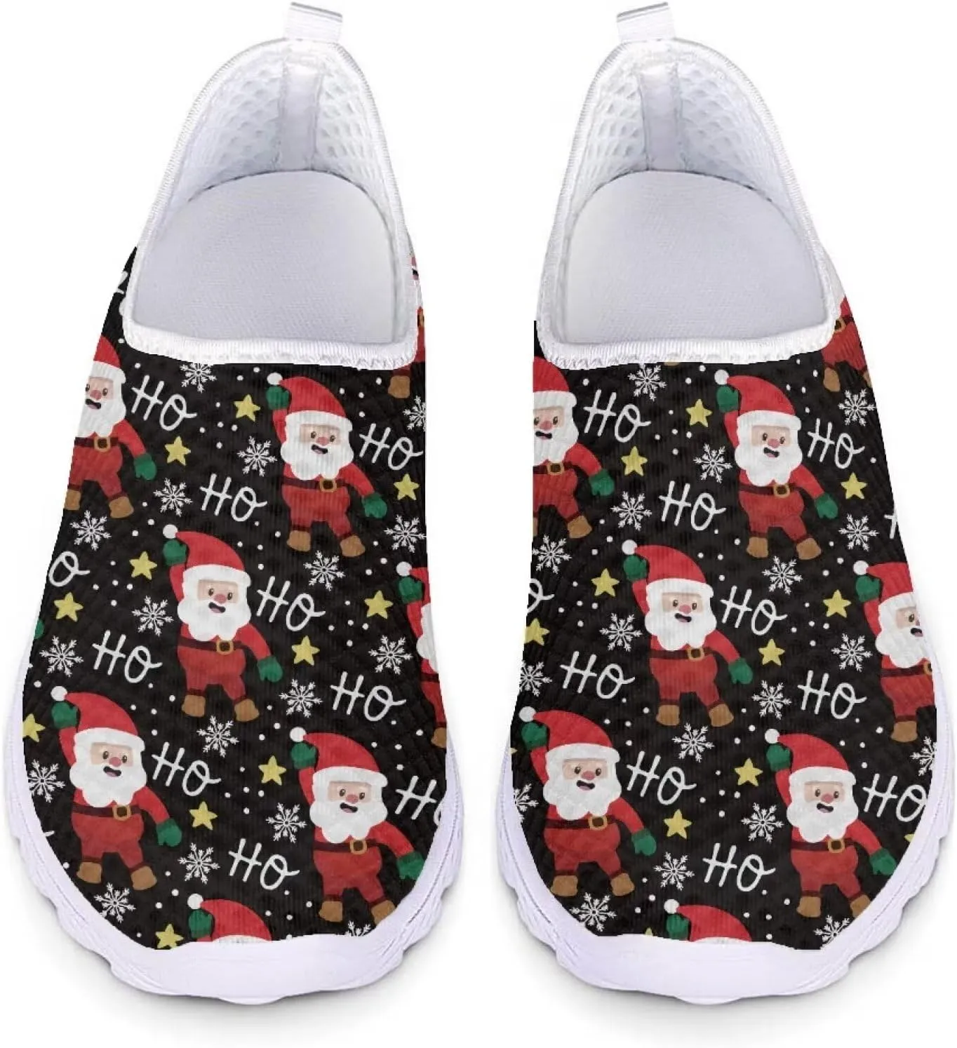 HUIACONG Christmas Black Shoes Santa Claus Sneakers Ho Ho Ho Slip On Walking Shoes Size 9.5 Tennis Trainers for Women Teen Girls Athletic Workout Footwear for Holiday Party Xmas Gifts