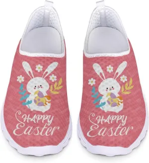 HUIACONG Happy Easter Womens Slip On Sneaker Easter Rabbit Egg Running Shoes for Teen Girls Casual Walking Trainers Size 5.5 Breathable Lightweight Tennis Shoes Footwear Pink