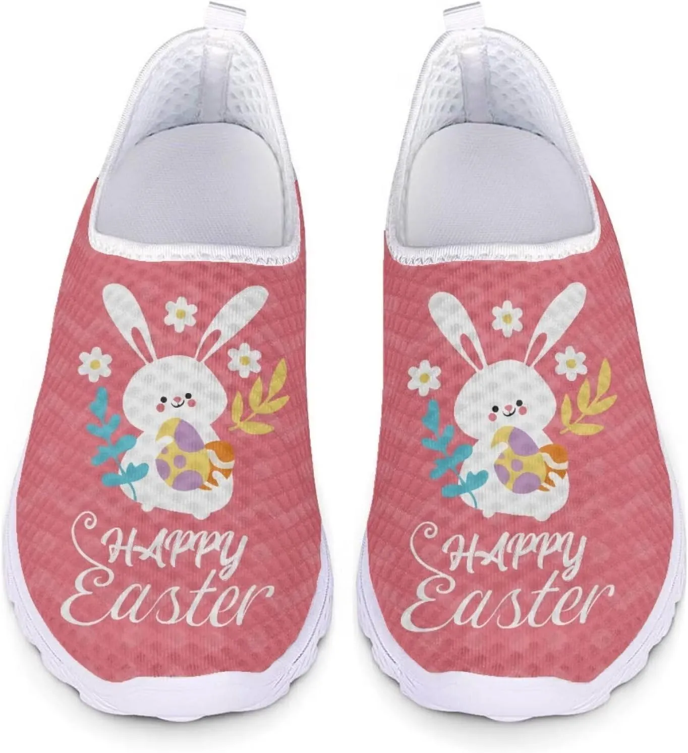 HUIACONG Happy Easter Womens Slip On Sneaker Easter Rabbit Egg Running Shoes for Teen Girls Casual Walking Trainers Size 5.5 Breathable Lightweight Tennis Shoes Footwear Pink