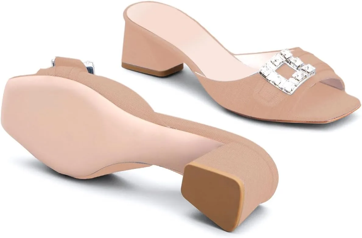 iadore Women Comfortable Block Low Heel Sandals Rhinestone Studded Buckle Mules Chic Square Toe Denim Summer Dress Sandals Size 5-12 US