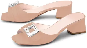 iadore Women Comfortable Block Low Heel Sandals Rhinestone Studded Buckle Mules Chic Square Toe Denim Summer Dress Sandals Size 5-12 US