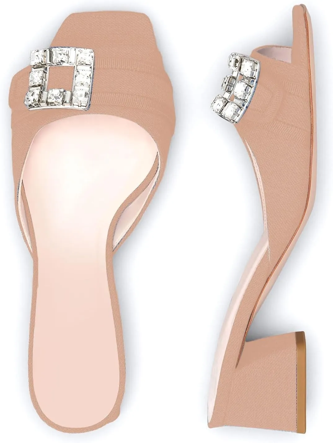 iadore Women Comfortable Block Low Heel Sandals Rhinestone Studded Buckle Mules Chic Square Toe Denim Summer Dress Sandals Size 5-12 US