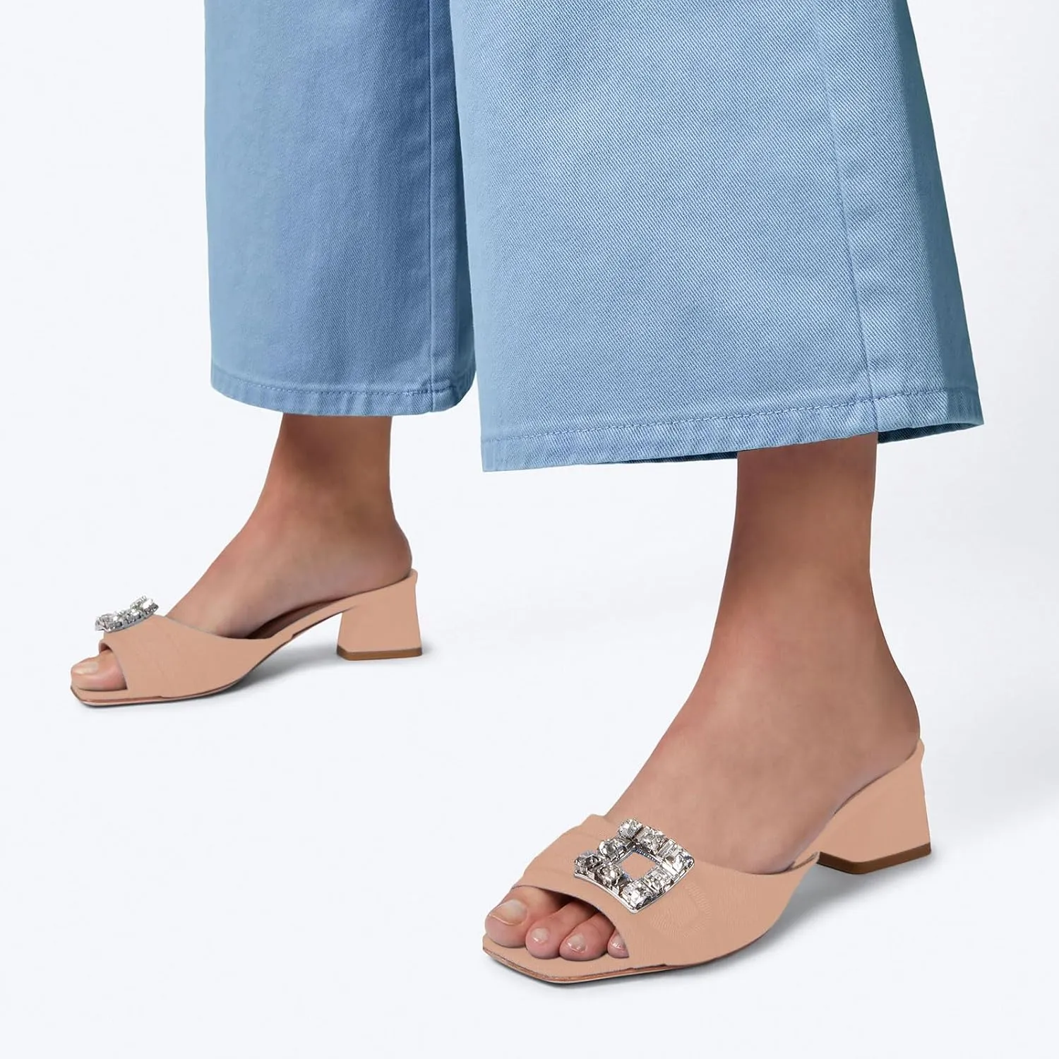 iadore Women Comfortable Block Low Heel Sandals Rhinestone Studded Buckle Mules Chic Square Toe Denim Summer Dress Sandals Size 5-12 US