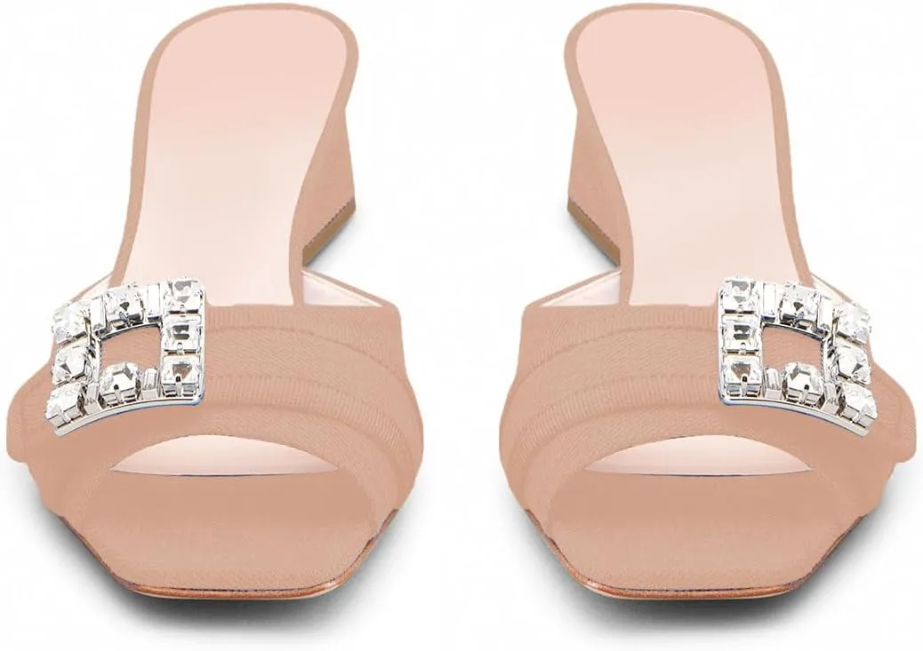 iadore Women Comfortable Block Low Heel Sandals Rhinestone Studded Buckle Mules Chic Square Toe Denim Summer Dress Sandals Size 5-12 US