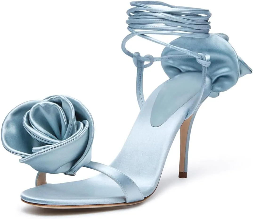 iadore Women's High Heels, 4'' Open Toe Floral Ankle Strappy Lace Up Stiletto Heeled Sandals with Back Flower Party Wedding Date Dress Shoes