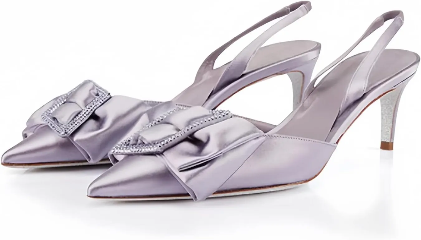 iadore Women's Middle Heel Sandals, 2.4'' Satin Closed Pointed Toe Square Crystal Buckle Bowknot Slip-on Elastic Slingback Pumps Evening Party Dress Shoes