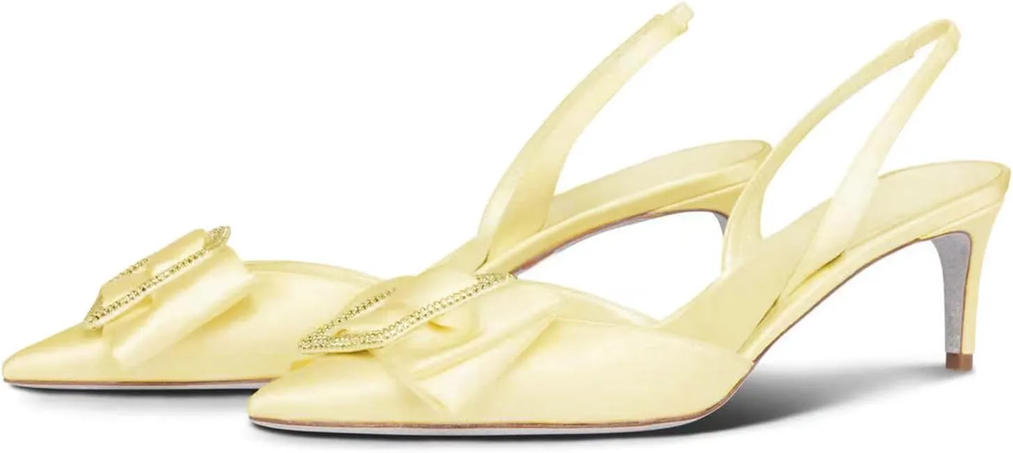 iadore Women's Middle Heel Sandals, 2.4'' Satin Closed Pointed Toe Square Crystal Buckle Bowknot Slip-on Elastic Slingback Pumps Evening Party Dress Shoes