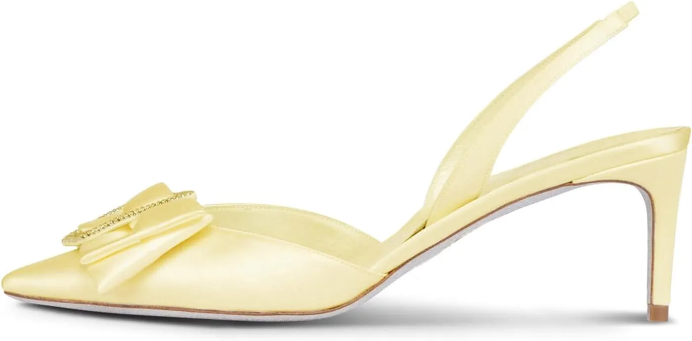 iadore Women's Middle Heel Sandals, 2.4'' Satin Closed Pointed Toe Square Crystal Buckle Bowknot Slip-on Elastic Slingback Pumps Evening Party Dress Shoes