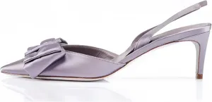 iadore Women's Middle Heel Sandals, 2.4'' Satin Closed Pointed Toe Square Crystal Buckle Bowknot Slip-on Elastic Slingback Pumps Evening Party Dress Shoes