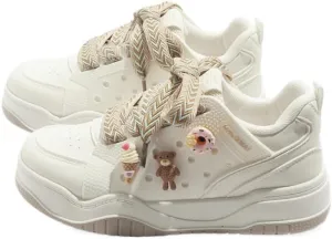 Ice Cream Bear Donut Charms Retro Sneakers - Chunky Platform Cute Shoes for Women & Girls, Comfy Thick Sole White Trainers for Campus Walks, Y2K Minimalist Streetwear Aesthetic, Back to School
