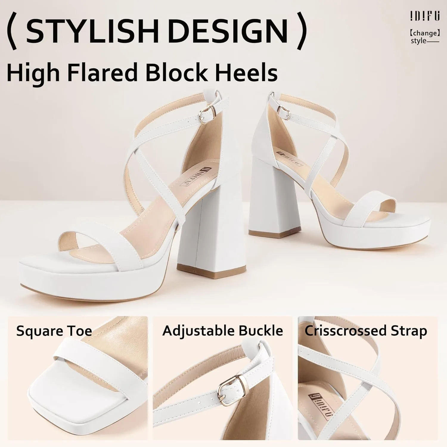 IDIFU IN4 Platform Heels for Women - High Strappy Chunky Block Square Toe Sexy Wedding Dress Shoes - Open Toe Ankle Strap Heeled Sandals - Comfortable Thick Heels - Half Size Larger