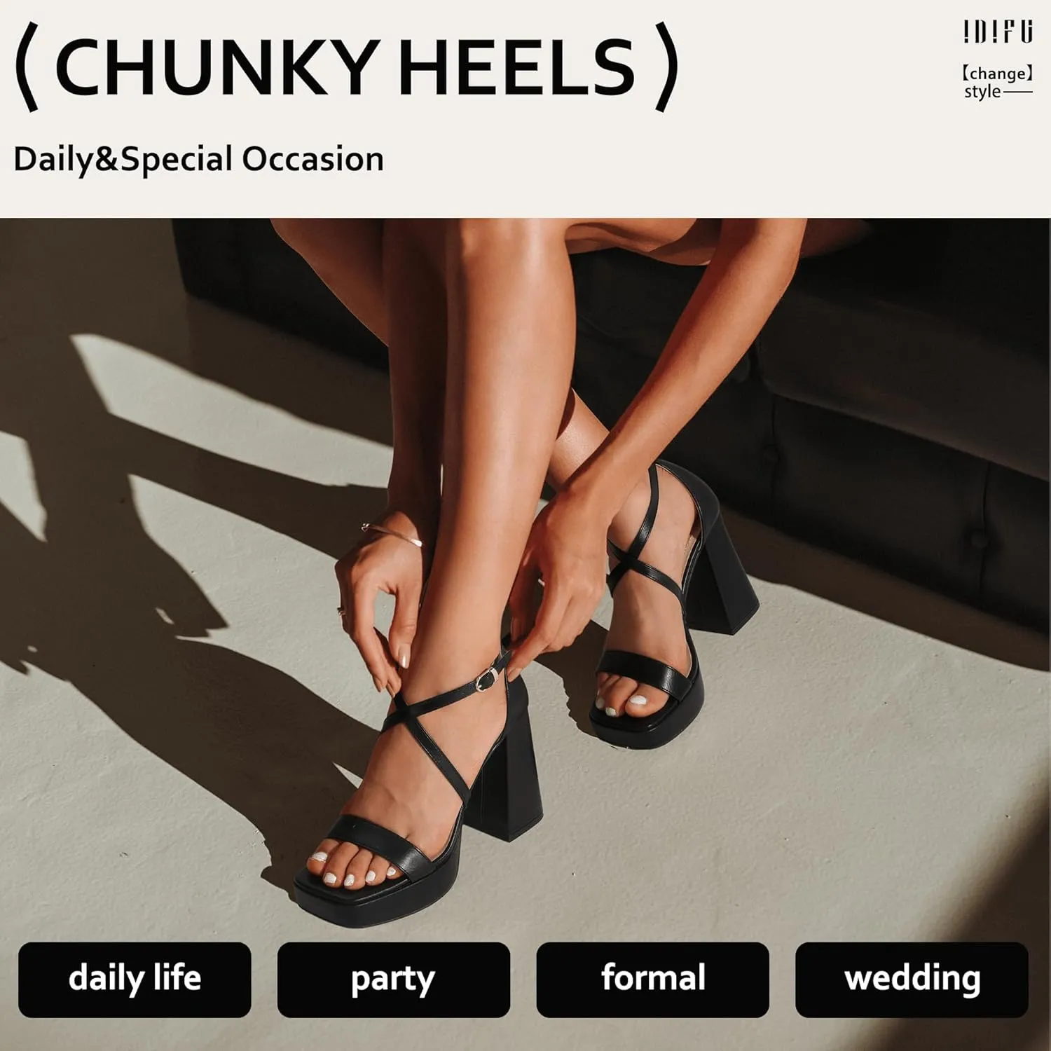 IDIFU IN4 Platform Heels for Women - High Strappy Chunky Block Square Toe Sexy Wedding Dress Shoes - Open Toe Ankle Strap Heeled Sandals - Comfortable Thick Heels - Half Size Larger