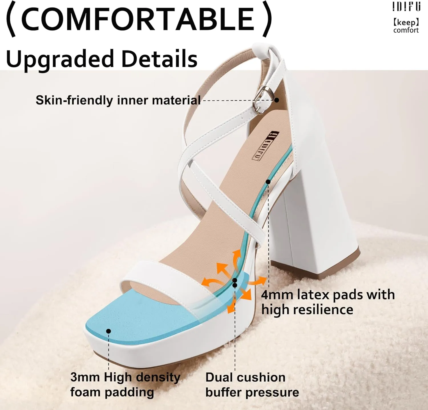 IDIFU IN4 Platform Heels for Women - High Strappy Chunky Block Square Toe Sexy Wedding Dress Shoes - Open Toe Ankle Strap Heeled Sandals - Comfortable Thick Heels - Half Size Larger