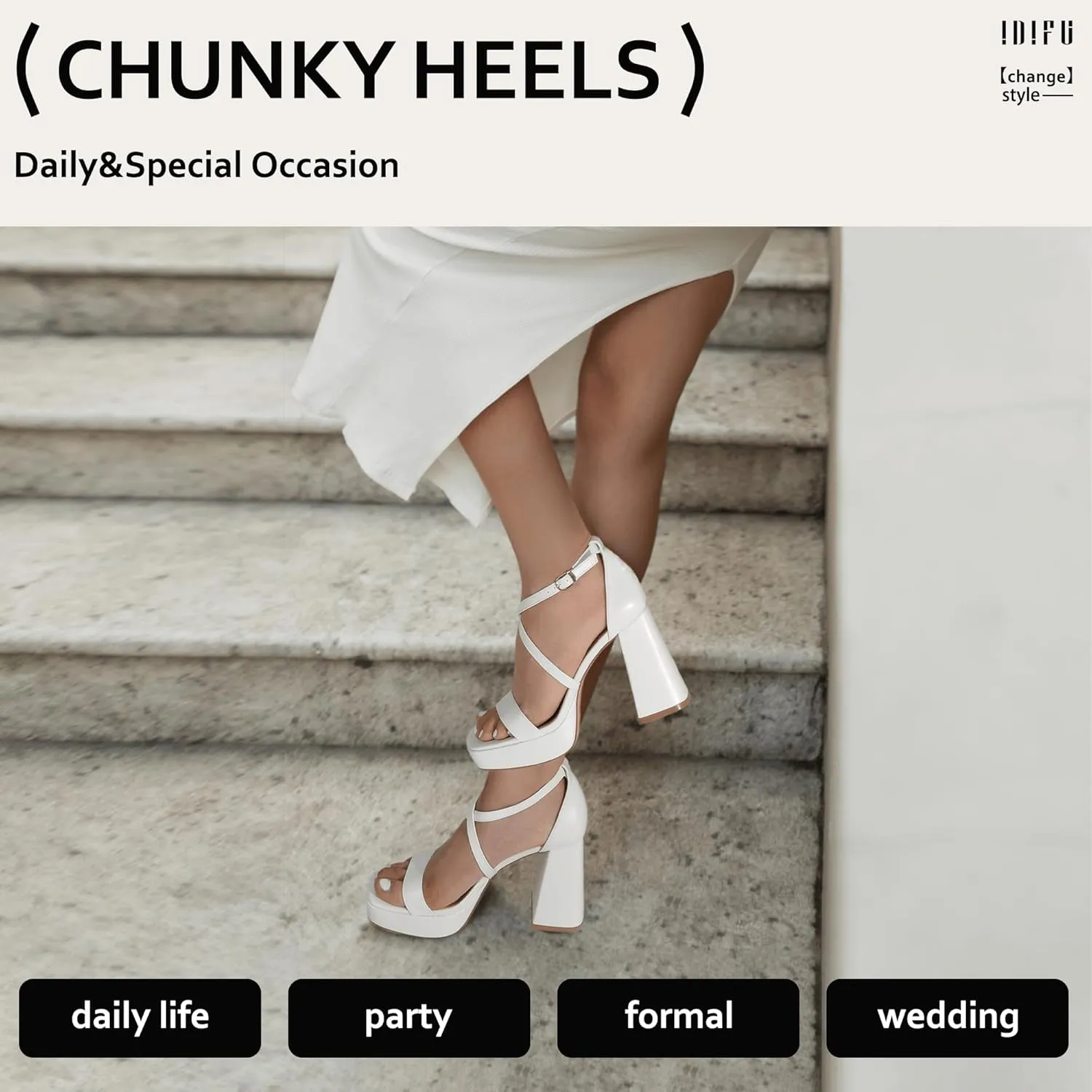IDIFU IN4 Platform Heels for Women - High Strappy Chunky Block Square Toe Sexy Wedding Dress Shoes - Open Toe Ankle Strap Heeled Sandals - Comfortable Thick Heels - Half Size Larger