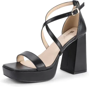 IDIFU IN4 Platform Heels for Women - High Strappy Chunky Block Square Toe Sexy Wedding Dress Shoes - Open Toe Ankle Strap Heeled Sandals - Comfortable Thick Heels - Half Size Larger