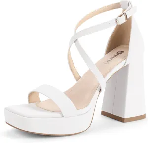 IDIFU IN4 Platform Heels for Women - High Strappy Chunky Block Square Toe Sexy Wedding Dress Shoes - Open Toe Ankle Strap Heeled Sandals - Comfortable Thick Heels - Half Size Larger