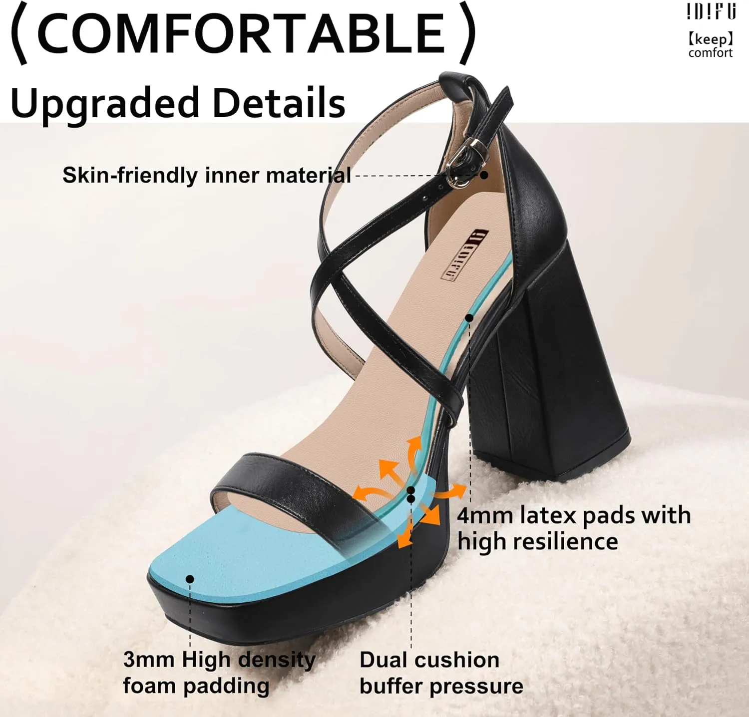 IDIFU IN4 Platform Heels for Women - High Strappy Chunky Block Square Toe Sexy Wedding Dress Shoes - Open Toe Ankle Strap Heeled Sandals - Comfortable Thick Heels - Half Size Larger