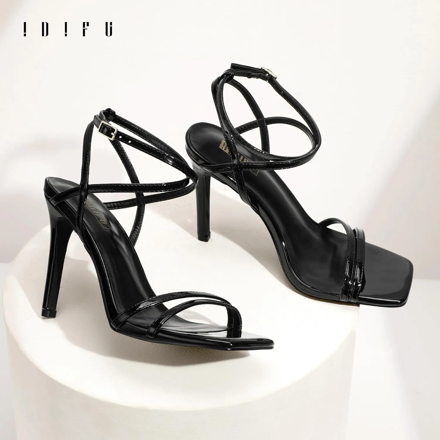 IDIFU IN4 Strappy Heels Stiletto High Heel Square Open Toe Slingback Dress Shoes for Women Adjustable Ankle Strap Heeled Sandals Wedding Prom Bridal Dressy Fashion Trendy Comfortable Skinny Heels