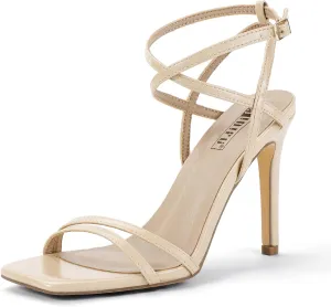 IDIFU IN4 Strappy Heels Stiletto High Heel Square Open Toe Slingback Dress Shoes for Women Adjustable Ankle Strap Heeled Sandals Wedding Prom Bridal Dressy Fashion Trendy Comfortable Skinny Heels