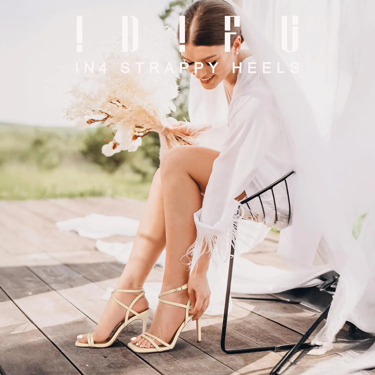 IDIFU IN4 Strappy Heels Stiletto High Heel Square Open Toe Slingback Dress Shoes for Women Adjustable Ankle Strap Heeled Sandals Wedding Prom Bridal Dressy Fashion Trendy Comfortable Skinny Heels